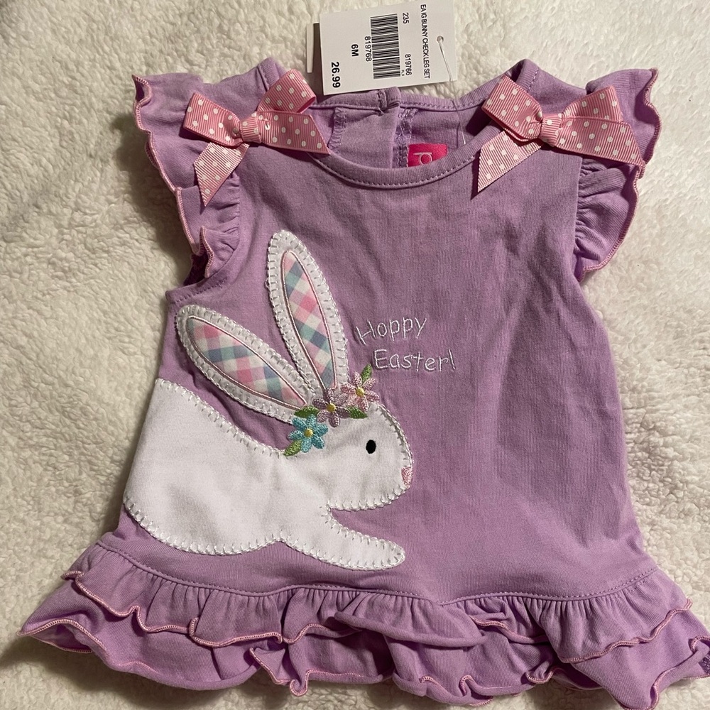 Good Lad "Happy Easter" Purple Girl 6 Months Bunny Check Bows Dress or Top NWT